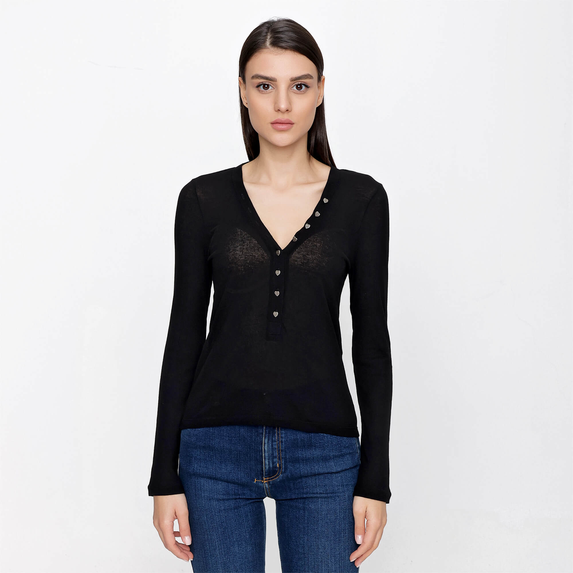 Yves Saint Laurent - Black Cotton Blend V Neck Heart Button Knitwear